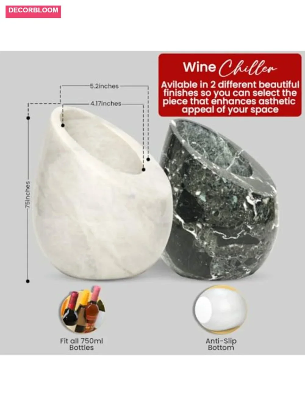 Marble Wine Chiller Bucket Set with 2 Coasters - 750ml Bottle Cooler for Party,